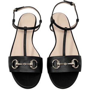 Gucci Horsebit Black Leather T Strap Flat Sandals 37.5